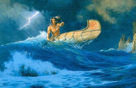 Indien dans sa pyrogue sous l'orage